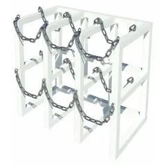 Steel cylinder rack in Petal White finish with four compartments for organizing gas cylinders on a benchtop. Free-standing unit designed for secure upright storage in laboratory or industrial settings.