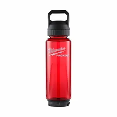 This MILWAUKEE plastic water bottle has a 34 oz capacity and is made of BPA-free red plastic. It measures 12 inches in height and 3 5/8 inches in diameter, fitting standard cup holders. Suitable for hydration on job sites, in workshops, or during field service.