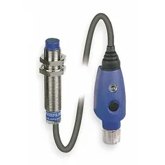 Shielded inductive cylindrical proximity sensor with a pigtail connector and 3 wires. Operates on 12-24V DC supply voltage. Used for non-contact detection of metallic objects in industrial automation applications such as position sensing, part detection, and machine control.
