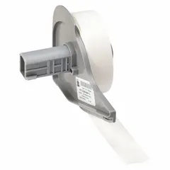 Thermal transfer continuous label roll, 1/2 in x 50 ft, clear gloss polyester for indoor use. Compatible with M710 printer series. Used for asset tagging, cable marking, and general facility identification.