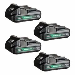 This 18V DC battery pack provides 2 Ah capacity with tabbed cells for secure connections. Each kit includes four batteries, suitable for powering cordless tools in construction, maintenance, and industrial settings.