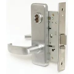 This BEST classroom lever lockset features a satin chromium-plated stainless steel finish and is ADA compliant. It uses an interchangeable core and has a 40H escutcheon style. The ANSI F05 function allows the door to be locked from the inside without a key while remaining unlocked from the outside for egress, suitable for educational facilities.