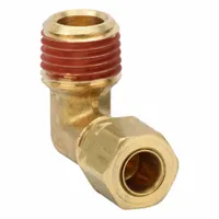 Brass compression fitting elbow with self-aligning design, 1/4 in OD tube size and 1/4 in male NPT thread. Used to connect tubing to threaded ports in pneumatic, hydraulic, and instrumentation systems for leak-tight sealing without soldering