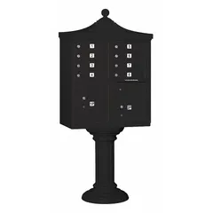 Horizontal multi-unit mailbox with 10 lockable doors and front access. Measures 71 3/4 in H x 31 in W x 18 1/2 in D. Designed for pedestal mounting in centralized mail delivery applications.