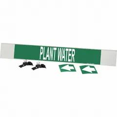 Green fiberglass carrier-mounted pipe marker with white legend reading 'Plant Water' and flow-direction arrows. Fits pipe outer diameter 8 inches and larger. Used to identify plant water piping in industrial facilities, aiding in maintenance and safety.