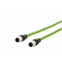 M12 connector cordset with D-coded male straight plugs on both ends. Cat5 performance, green PUR jacket, 1 m length, IPX8 rated. Suitable for industrial Ethernet data transmission in factory automation and process control.