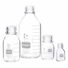 These DURAN safety coated wide mouth round glass lab bottles have a 50 mL capacity and a 32 mm screw closure. The bottles are colorless and graduated, but not pre-cleaned. Each pack contains 10 bottles. Suitable for general laboratory storage, mixing, or transport of liquids.
