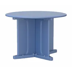 This round X-base table has a 42-inch diameter and is made of polyethylene. It includes a game top, accepts ballast for stability, and complies with ISO 22196 antimicrobial standards. Suitable for break rooms, cafeterias, and other commercial settings requiring a durable, easy-to-clean surface.