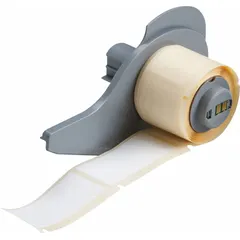 Thermal transfer precut label roll with 100 labels, each 2 in x 2 in. Features rubber, permanent adhesive for bonding to curved or textured surfaces. Compatible with BMP71 printer series. Used for industrial identification and asset labeling.