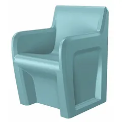 This freestanding arm chair features a blue gray polyethylene seat and includes arms. Designed for single-seat use, it meets UL 94 HB flammability and ISO 22196 antibacterial surface standards. Suitable for break rooms, waiting areas, and cafeterias in commercial or industrial settings.