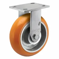 This rigid plate caster from ALBION is designed for medium-duty applications requiring straight-line movement. It features an 8-inch diameter polyurethane wheel with a 2-inch width, mounted on ball bearings for smooth rolling. The orange tread offers floor protection and quiet operation. Suitable for carts, racks, and light machinery in industrial environments.