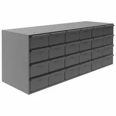 Stackable steel cabinet with 24 gray steel drawers, each 5-15/32 in x 11-1/4 in x 3-3/16 in inside. Powder-coated gray finish. Includes dividers for organizing small parts, tools, and components in workshops and assembly areas.