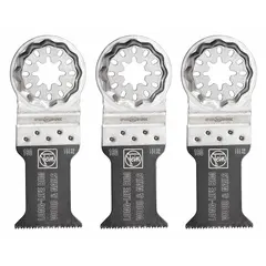 Set of three bi-metal Starlock mounted blades for oscillating tools. Each blade has an overall length of 3 13/16 inches. Suitable for precision cutting in wood, including flush cuts, plunge cuts, and detail work in carpentry and renovation.