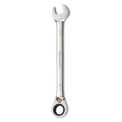 This SAE 12-point ratcheting combination wrench features a 1/2 in head size and a 7 in overall length. Constructed from alloy steel with a chrome finish, it has an offset, rounded design for improved access in confined spaces. The ratcheting mechanism allows for faster fastener tightening and loosening without repositioning the tool.