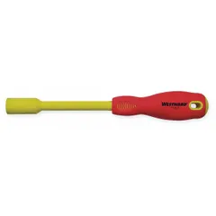Insulated nut driver with a 3/8-inch SAE tip size and solid round shank. Designed without a magnetized tip for standard nut driving tasks. Suitable for tightening or loosening nuts and bolts in electrical and mechanical applications where insulation is required.