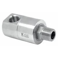 Single-passage rotating joint made of nickel-plated C38500 brass. Features a 1/2 in threaded rotating shaft and is rated for maximum 30 RPM. Used to transfer fluid or gas from a stationary supply into rotating equipment such as reels, rotary indexing tables, and low-speed machinery