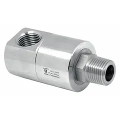 Single-passage rotating joint made of nickel-plated C38500 brass. Features a 1/2 in threaded rotating shaft and is rated for maximum 30 RPM. Used to transfer fluid or gas from a stationary supply into rotating equipment such as reels, rotary indexing tables, and low-speed machinery.