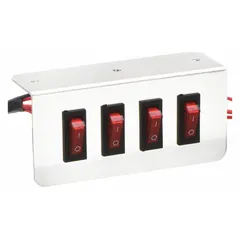 This automotive rocker switch provides simple On/Off control for 12 VDC circuits. It features a red actuator, silver stem, and blade terminals. The switch includes four red LED back-lit rocker switches for visibility in low-light conditions. Commonly used for controlling auxiliary lighting, fans, or pumps in vehicles.