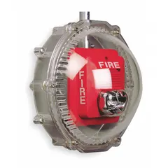 Clear polycarbonate guard for indoor fire speakers and strobes. Surface-mounts on walls, water resistant, includes mounting hardware. Protects existing fixtures without including an alarm.
