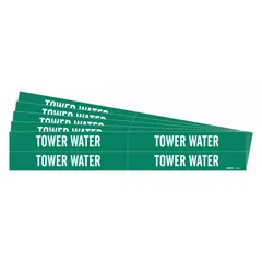 Green adhesive pipe markers with white 'Tower Water' legend, designed to identify tower water lines in industrial piping systems. Each pack contains 5 sets of 4 markers, fitting pipe outer diameters from 3/4 to 2-3/8 inches. Markers are supplied without arrows.