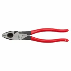 These 9 in multipurpose lineman's pliers feature a 1 7/8 in jaw length, 1 1/4 in jaw width, and 5/8 in jaw thickness. The dipped grip provides comfort, and the integrated fish tape puller aids in pulling cable during electrical installations. Suitable for gripping, twisting, and pulling wire in general electrical work.