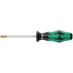 This WERA screwdriver features a T30 Torx tip with a friction-style design for secure engagement. The long length provides extended reach, while the ergonomic Kraftform handle reduces hand fatigue. Suitable for fastening and loosening T30 Torx fasteners in assembly, maintenance, and repair tasks.