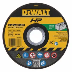 DEWALT DW8072 is a Type 1 cut-off wheel designed for cutting concrete and masonry materials. It features a silicon carbide abrasive with 60 grit, providing efficient cutting on brick, block, and stone. The wheel measures 4-1/2 inches in diameter, 0.045 inches thick, with a 7/8-inch arbor hole, and is part of the C60T series.