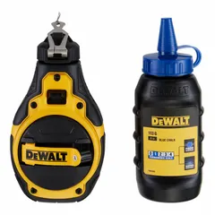 Chalk line reel kit with 100 ft line length and 4:1 gear ratio. Includes 4 oz of standard blue chalk. ABS plastic housing. Used for marking straight reference lines in construction and carpentry tasks such as framing, drywall layout, flooring, and masonry.