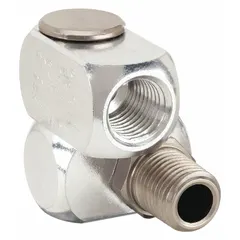 This double-pivot air line fitting is made of nickel-plated 1215 CR aluminum with a Buna-N seal. It features a 3/8 in male NPT inlet and a female NPT outlet, with a 360° swivel angle to prevent hose kinking. Used in compressed air systems to connect hoses to tools or equipment.