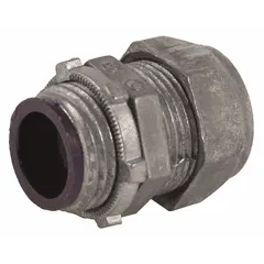 Zinc compression connector for terminating rigid metal conduit or IMC to boxes or enclosures. Insulated design protects wire insulation. Gray finish. Overall length 2-11/16 in. Trade size 2-1/2 in.
