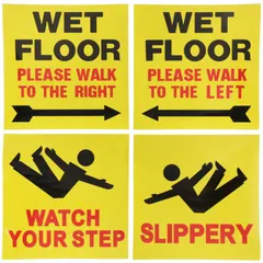 Plastic adhesive sign for marking slippery wet floor areas and directing foot traffic. Nominal size 8 in x 8 in, sold in a 4-pack. Not glow-in-the-dark and without anti-slip surface. Suitable for use in industrial and commercial facilities to indicate wet floors and cautionary messages.