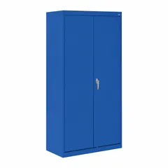 This SANDUSKY commercial combination cabinet features a blue finish with a frame base and four shelves (three adjustable, one fixed). Equipped with a swing handle and three-point locking system, it provides secure storage for tools, parts, and supplies in indoor industrial facilities, warehouses, and workshops.