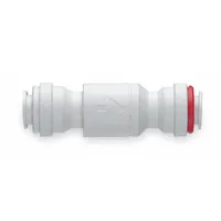 Inline check valve with acetal body and stainless steel poppet. Features push x push connections for 3/8 in pipe. NSF 51 certified for use in food-grade and potable water systems. Not 3-A compliant
