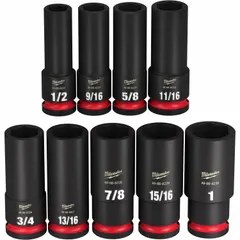 This 9-piece SAE impact socket set includes sizes from 1/2 in to 1 in with a 1/2 in drive. Designed for use with impact tools, the friction retention mechanism secures sockets during high-torque fastening and loosening of nuts and bolts in automotive and industrial applications.