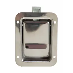 This stainless steel paddle latch is designed for securing truck boxes. It features a silver finish and an overall height of 4 3/4 inches. Compatible with manufacturer model number 7707614.