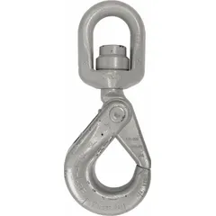 Self-locking hook for lifting applications requiring secure load attachment. Alloy steel construction with swivel design and plain silver finish. Hook Grade 100 with visual indicator markings for deformation and max angle.
