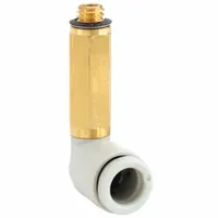 This SMC push-to-connect elbow fitting connects 6 mm OD tubing to an M5x0.08 threaded port. Made of brass with a white finish, it is used in pneumatic systems for air supply lines in automation and material handling equipment