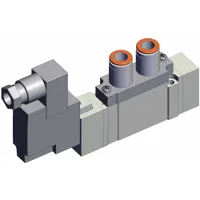 Single solenoid, five-way/two-position directional control valve from the SY7000 Series. Operates on 24 VDC with five ports, internal pilot, DIN solenoid connector, and non-locking manual override. Used in pneumatic automation systems to control compressed air flow to actuators and cylinders