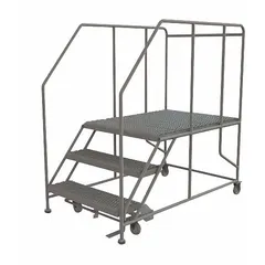 This rolling single-access platform provides stable elevated access for maintenance, assembly, and warehousing tasks. It features a fixed-height steel platform with handrails and a foot-activated step lock for secure positioning. The gray finish and 800 lb load capacity support industrial applications.