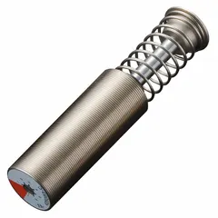 Steel industrial shock absorber rated at 120 N force. Used to decelerate and dampen motion in industrial machinery, protecting equipment from impact and vibration. Suitable for applications in packaging, automation, and material handling systems.
