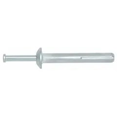 Metal removable nail drive anchors for fastening fixtures, conduit, and equipment to concrete, block, or brick. 3/16 in diameter, 7/8 in overall length, mushroom head, Zamac alloy construction, zinc plated. 100 per pack.