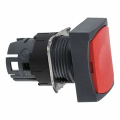 Momentary flush-mount push-button operator from the XB6 series. Features a red non-metallic actuator with 16 mm mounting diameter. Suitable for panel-mount control applications in industrial environments.