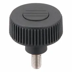 Knurled knob with threaded stud for manual adjustment and clamping on machinery, jigs, and fixtures. Features a 40 mm diameter gray plastic knob with a stainless steel M8 threaded stud of 15 mm length. Provides a secure grip for hand-operated fastening.