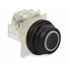 Momentary-action flush-mount push button from the 9001SK series. Features a 30 mm flush profile, non-metallic push button material, and one normally open (1NO) contact. Suitable for use in control panels and industrial machinery where a corrosion-resistant operator is required.