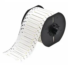 Precut sleeve label roll for wire and cable identification. White matte polyvinylidene fluoride material resists chemicals and abrasion. Each label measures 3/32 in x 2 in, supplied in a roll of 1,000 labels. Compatible with Brady i3300 printer series for on-demand printing in industrial environments.