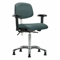 This cleanroom task chair features a vinyl seat and back, aluminum base, and includes arms. Seat width is 18 1/2 inches, height adjusts from 21 1/2 to 29 inches. Back tilts 10.5° forward and 13.5° backward. Rated for ISO 5 cleanrooms; not ESD safe. Suitable for controlled environments requiring low particle shedding