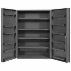 Assembled steel cabinet with powder-coated gray finish. Includes 16 shelves and a deep box with 14 ga panel. Keyed lock provides security. Suitable for organizing tools, parts, and supplies in industrial environments.