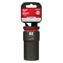 This 3/4" drive impact socket is designed for use with high-torque impact wrenches on large bolts and nuts. The 26 mm metric, 6-point deep profile provides secure engagement on recessed fasteners. Friction retention helps hold the socket on the anvil. Suitable for heavy-duty fastening tasks in automotive, construction, and industrial maintenance.