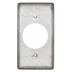 This RACO cover is made of galvanized zinc and designed for use with square electrical boxes. It features an open cover design with a 1/2-inch overall depth, providing a corrosion-resistant closure for junction boxes in wiring applications.