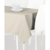 This rectangular tablecloth is made of polyester in an ivory color. It measures 52 inches wide by 72 inches long, fitting standard 6-foot tables. Suitable for covering dining, conference, or event tables in hospitality and commercial settings